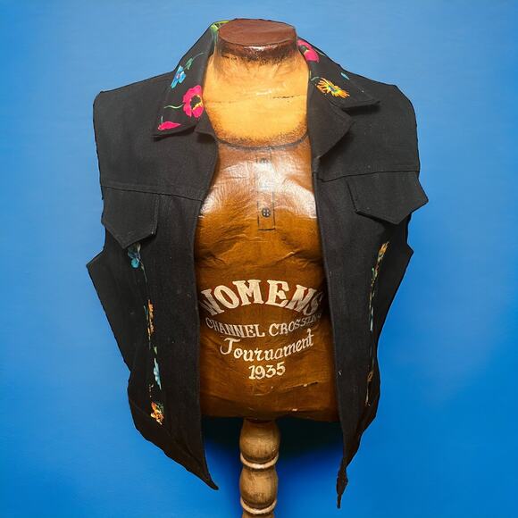 VINTAGE 90s Lori Lundon Floral Denim Vest Black Emo Punk Open Wear Size Large - Picture 2 of 6